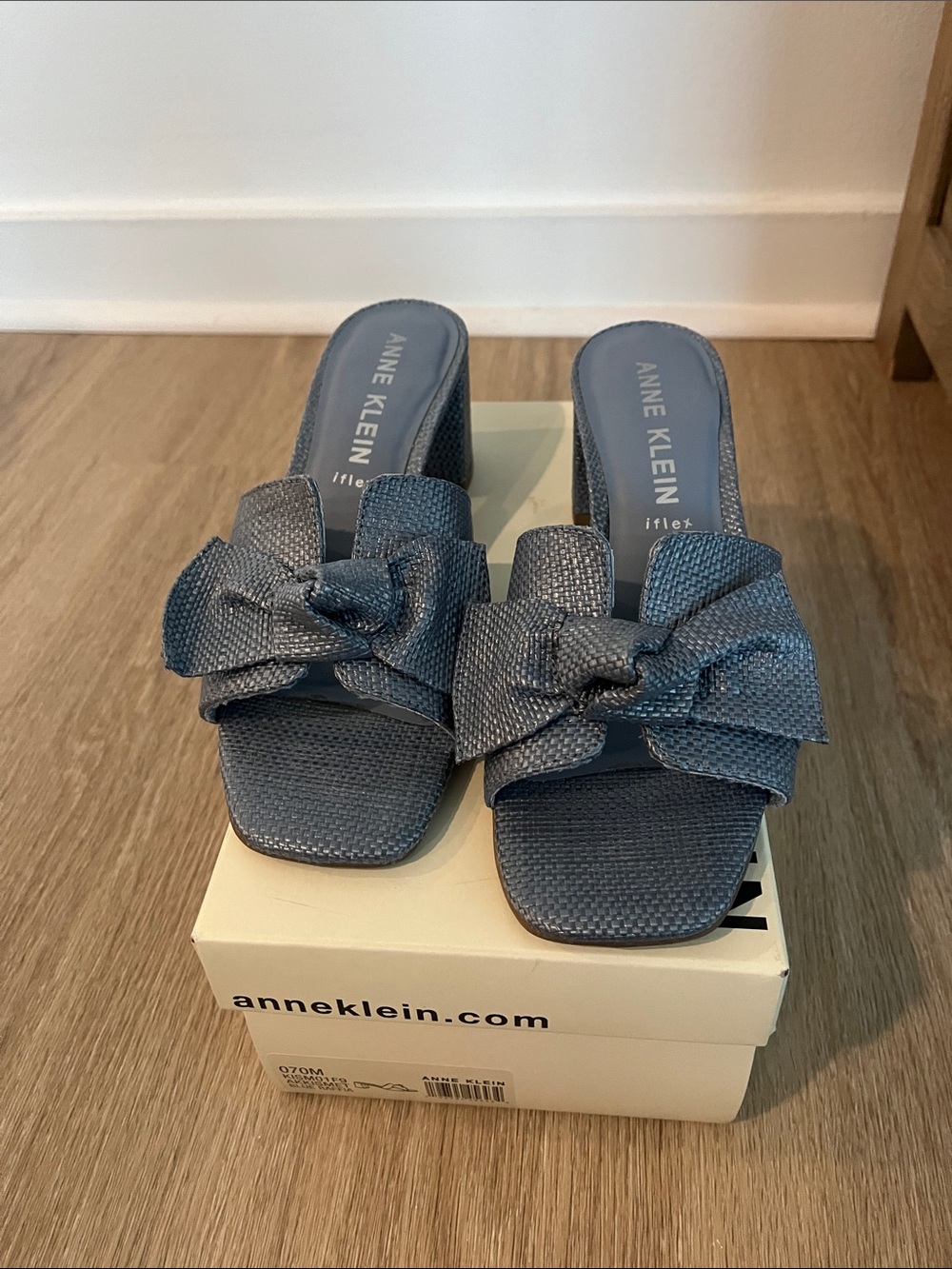 Anne Klein Slate Blue Textured Slide Mules with Knot Bow